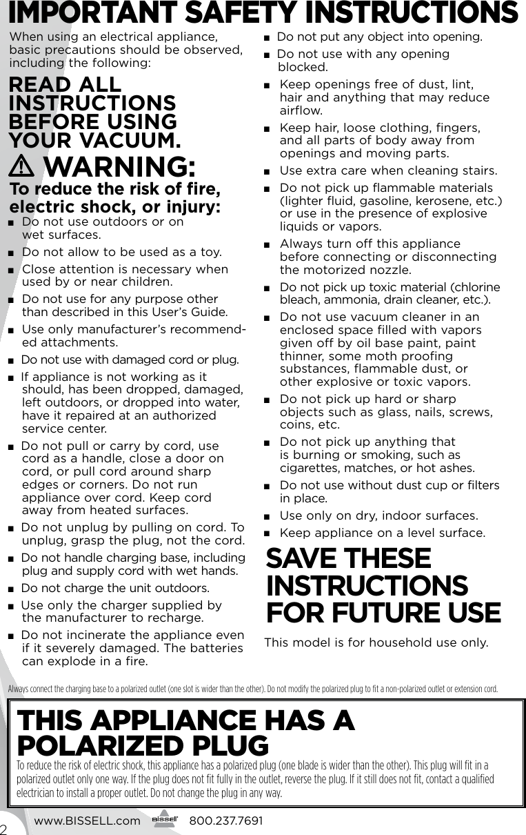 Page 2 of 12 - Bissell Bissell-Lift-Off-2-In-1-Cyclonic-Cordless-Stick-Vac-1189-Owners-Manual