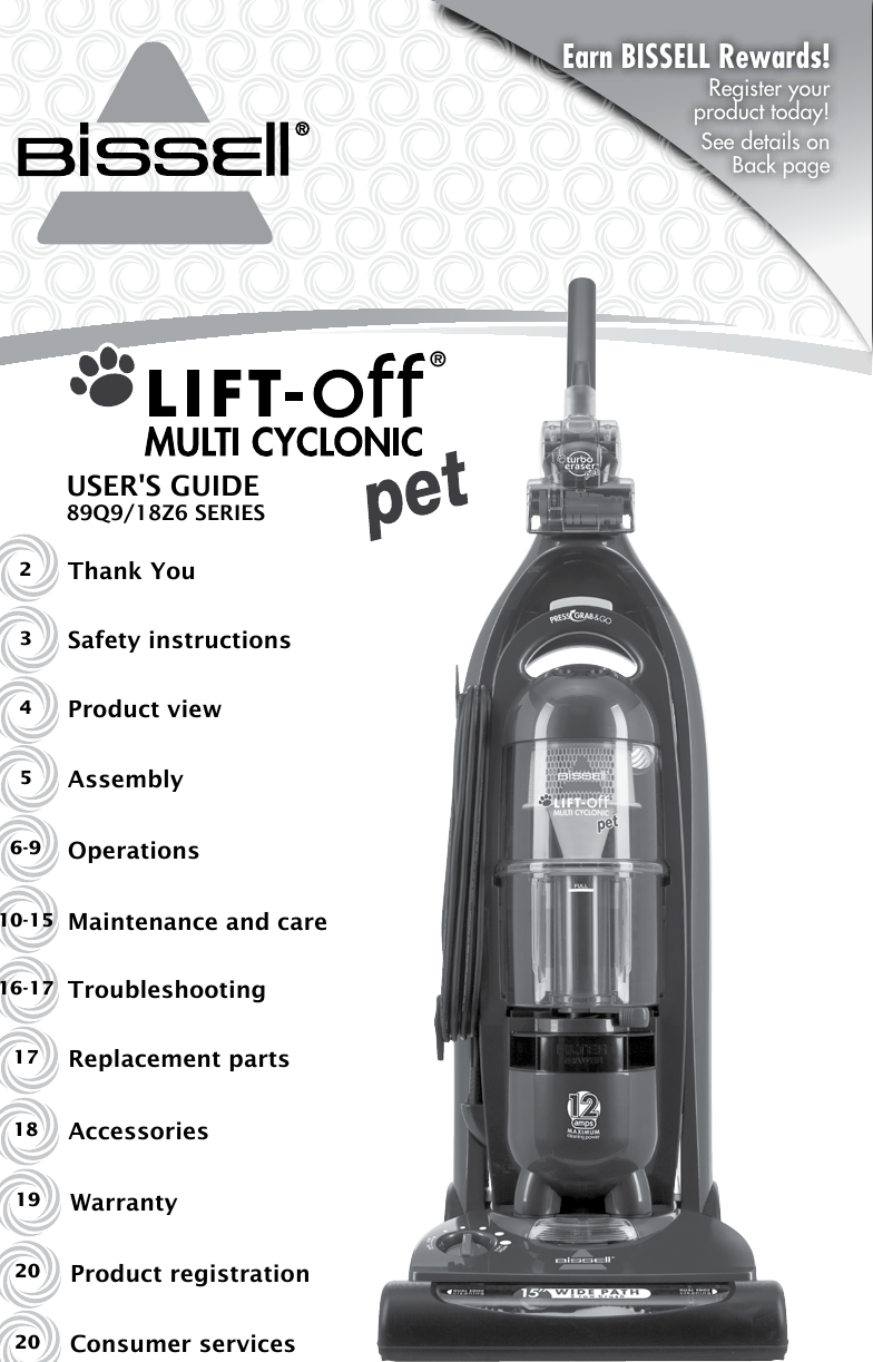 Bissell Lift Off Multi Cyclonic Pet Vacuum 89Q9 Owners Manual