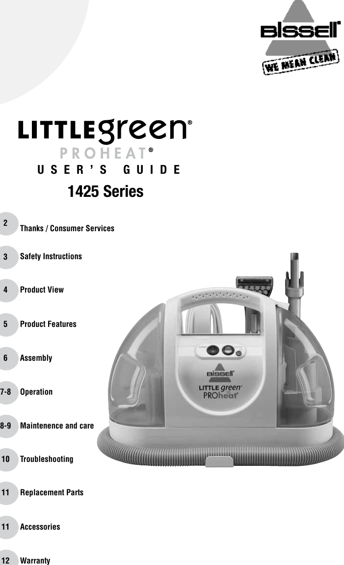 Page 1 of 12 - Bissell Bissell-Little-Green-Proheat-14259-Owners-Manual