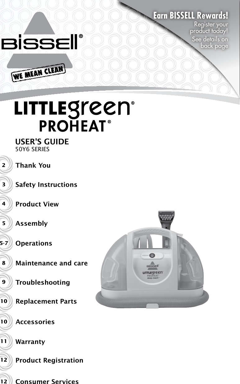 Page 1 of 12 - Bissell Bissell-Littlegreen-Proheat-50Y6-Series-Users-Manual-  Bissell-littlegreen-proheat-50y6-series-users-manual