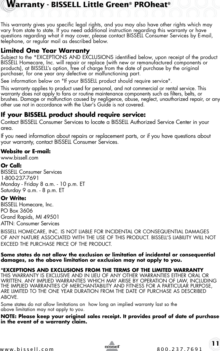 Page 11 of 12 - Bissell Bissell-Littlegreen-Proheat-50Y6-Series-Users-Manual-  Bissell-littlegreen-proheat-50y6-series-users-manual