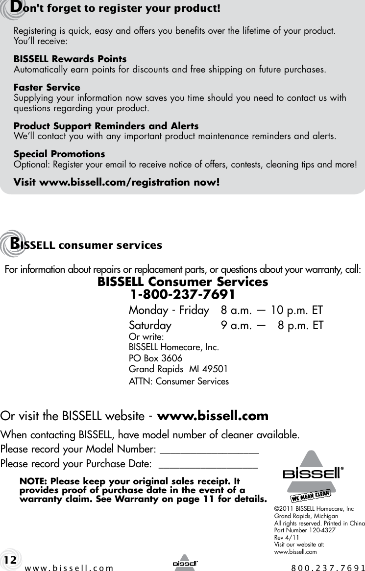 Page 12 of 12 - Bissell Bissell-Littlegreen-Proheat-50Y6-Series-Users-Manual-  Bissell-littlegreen-proheat-50y6-series-users-manual