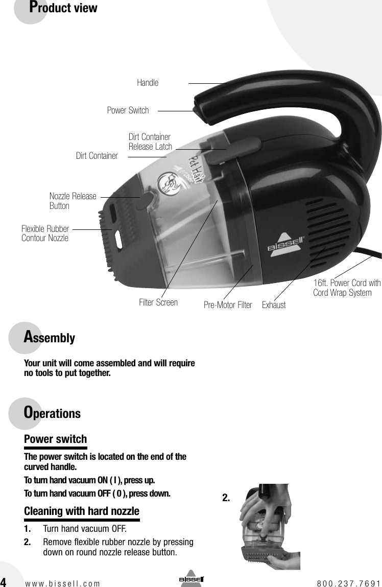 Page 4 of 8 - Bissell Bissell-Pet-Hair-Eraser-Corded-Hand-Vacuum-33A1-B-Owners-Manual