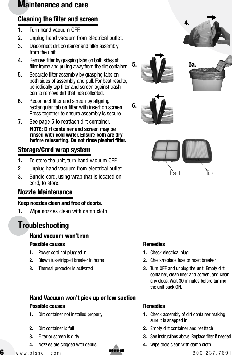 Page 6 of 8 - Bissell Bissell-Pet-Hair-Eraser-Corded-Hand-Vacuum-33A1-B-Owners-Manual