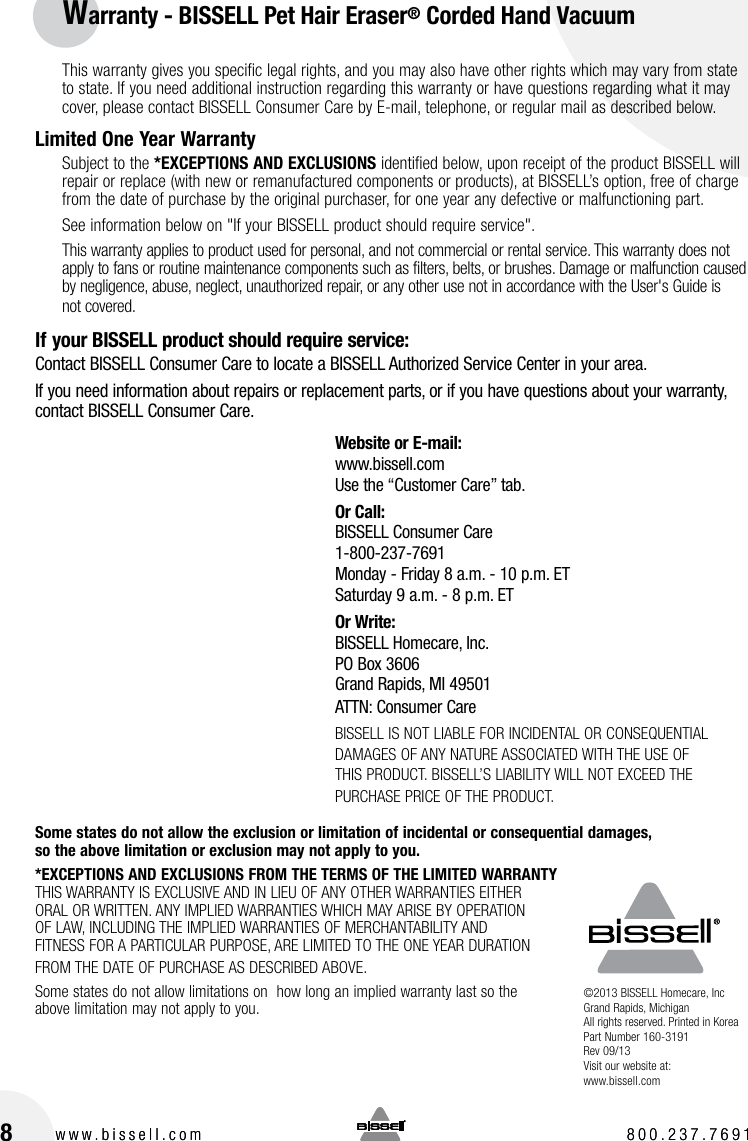 Page 8 of 8 - Bissell Bissell-Pet-Hair-Eraser-Corded-Hand-Vacuum-33A1-B-Owners-Manual