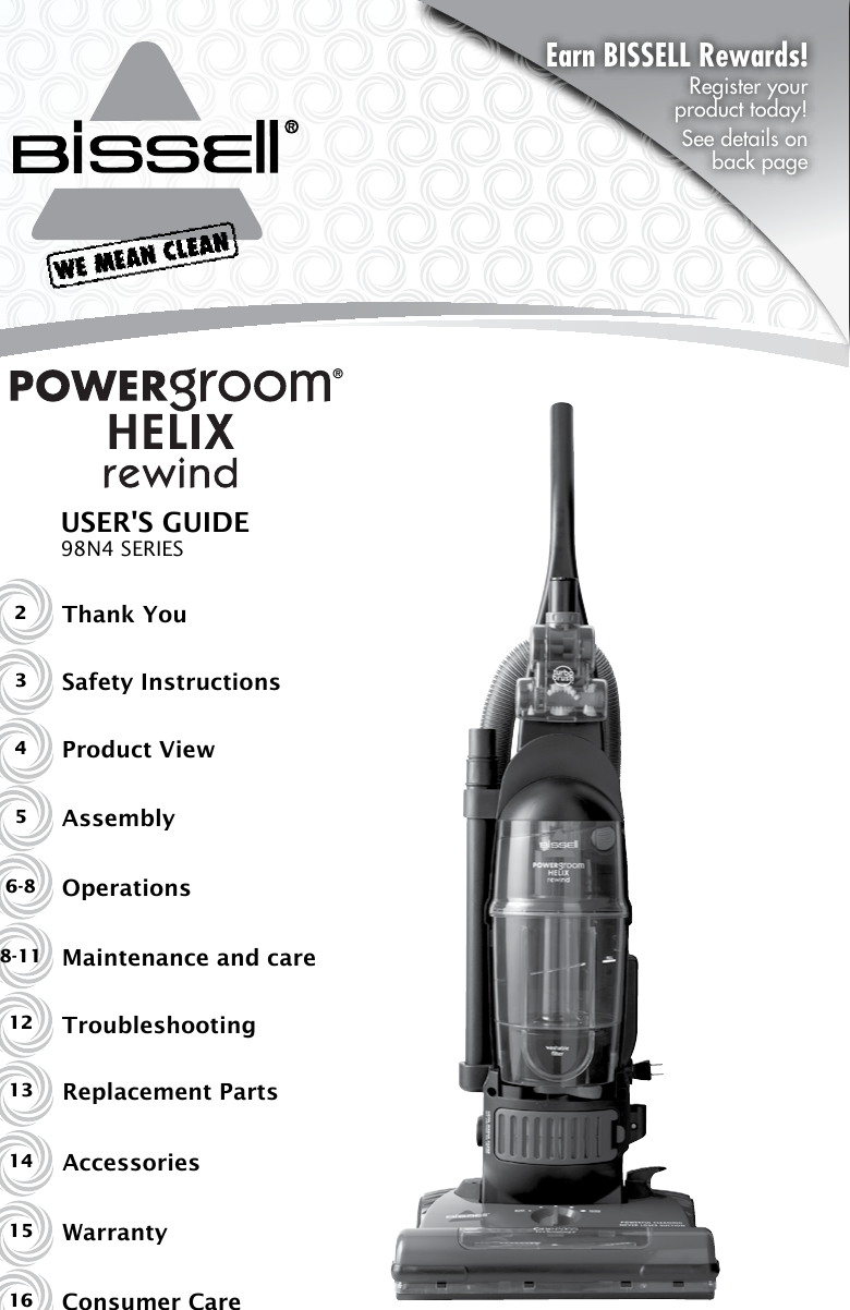 Bissell Powergroom Helix Rewind Vacuum 98N4 Owners Manual