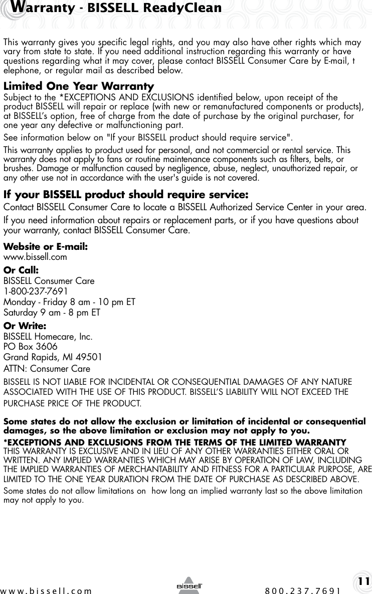 Page 11 of 12 - Bissell Bissell-Ready-Clean-47B2-Users-Manual-  Bissell-ready-clean-47b2-users-manual