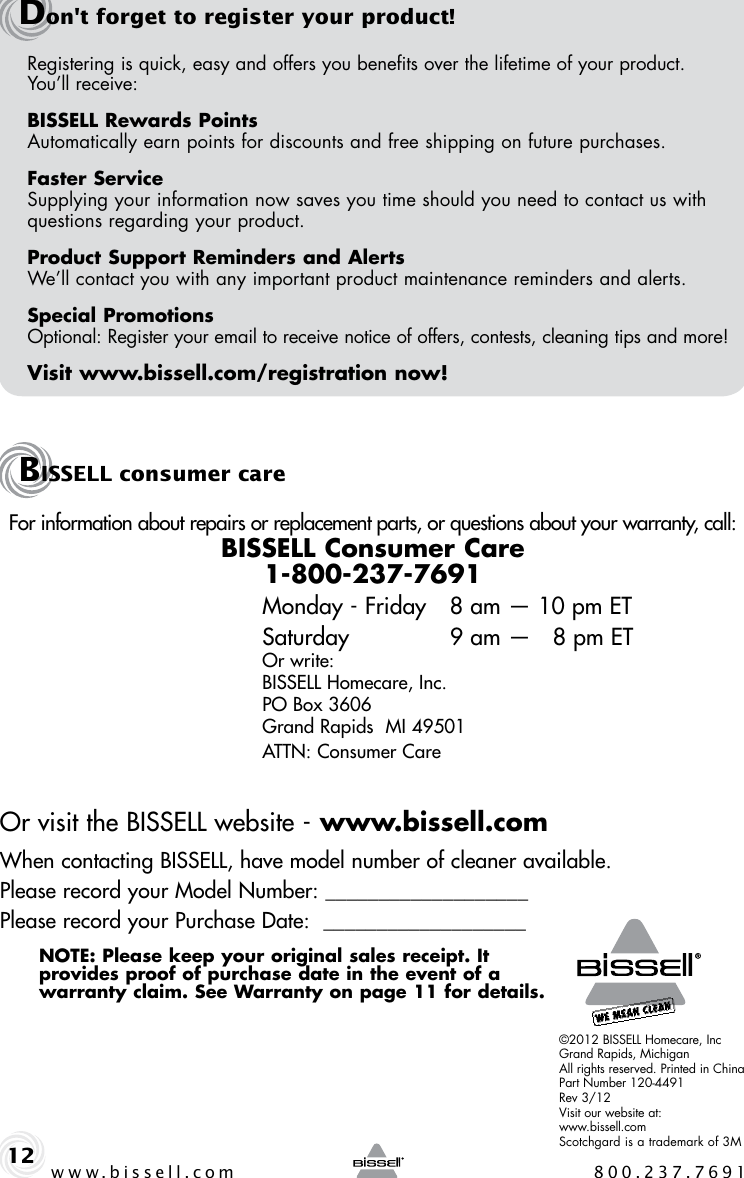 Page 12 of 12 - Bissell Bissell-Ready-Clean-47B2-Users-Manual-  Bissell-ready-clean-47b2-users-manual