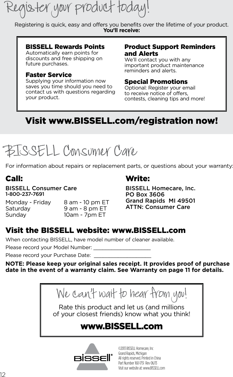 Page 12 of 12 - Bissell Bissell-Spot-Lifter-Powerbrush-1716-B-Owners-Manual