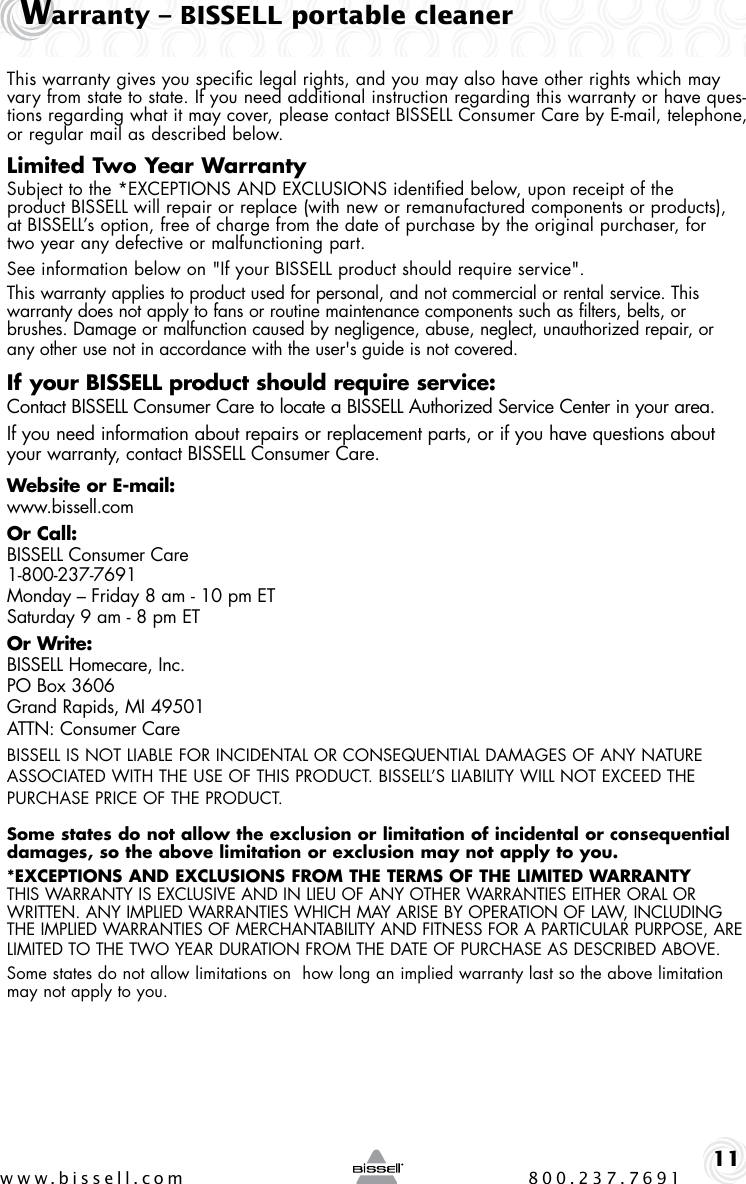 Page 11 of 12 - Bissell Bissell-Spotclean-Pro-3624-Owners-Manual