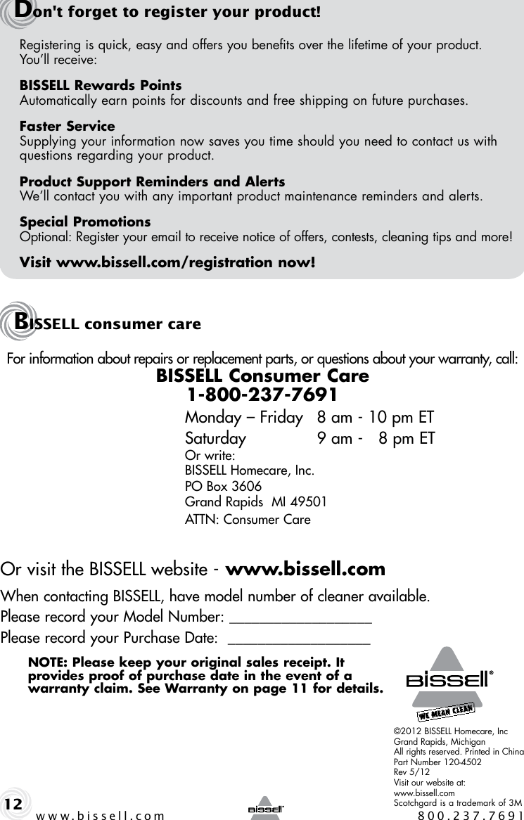 Page 12 of 12 - Bissell Bissell-Spotclean-Pro-3624-Owners-Manual