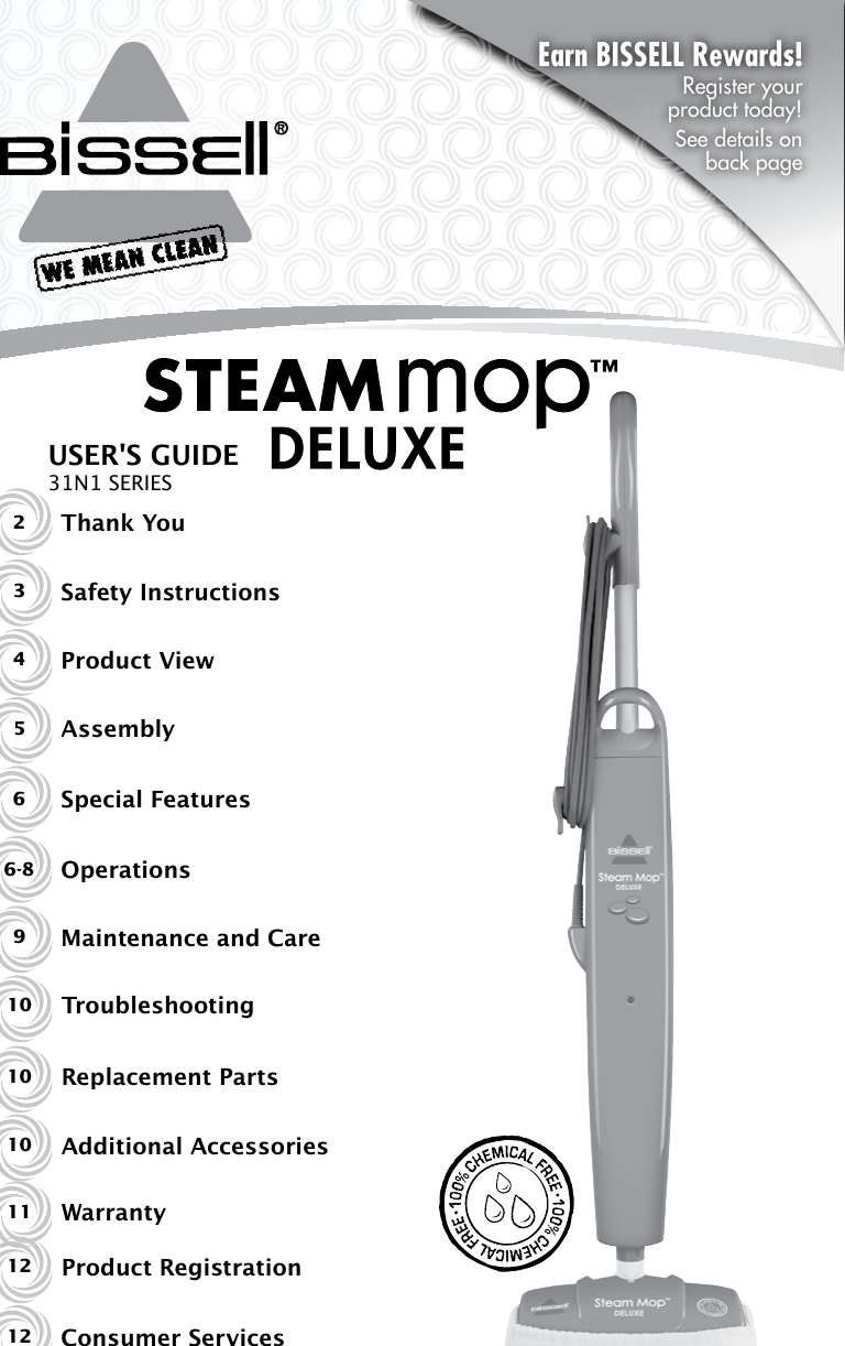 Page 1 of 12 - Bissell Bissell-Steam-Mop-Deluxe-31N1-Owners-Manual