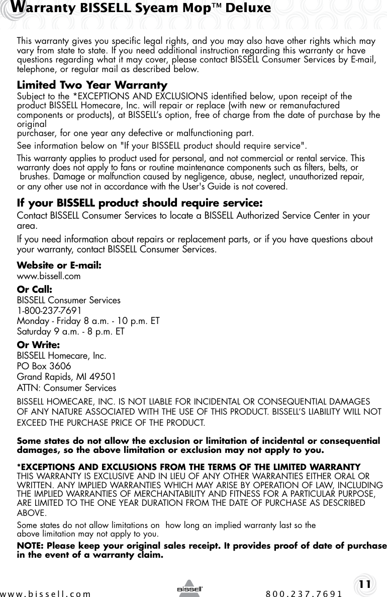 Page 11 of 12 - Bissell Bissell-Steam-Mop-Deluxe-31N1-Owners-Manual