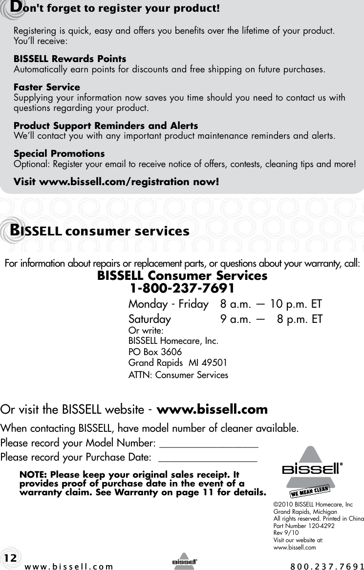 Page 12 of 12 - Bissell Bissell-Steam-Mop-Deluxe-31N1-Owners-Manual