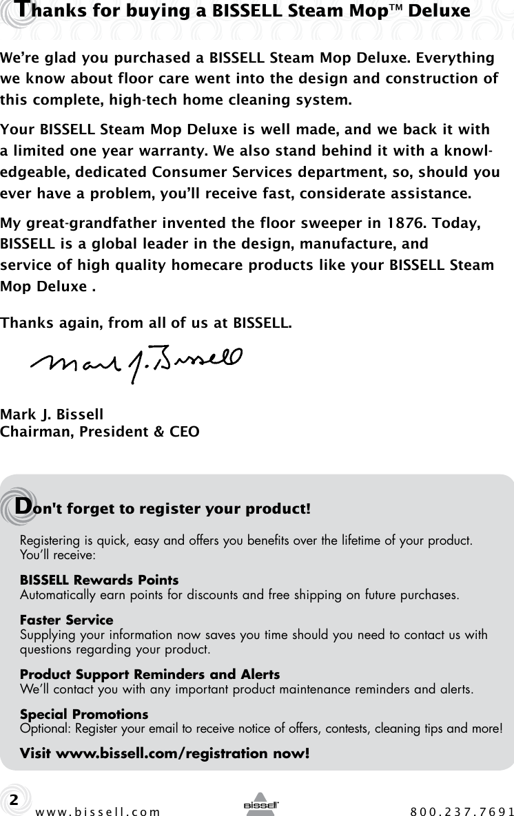 Page 2 of 12 - Bissell Bissell-Steam-Mop-Deluxe-31N1-Owners-Manual
