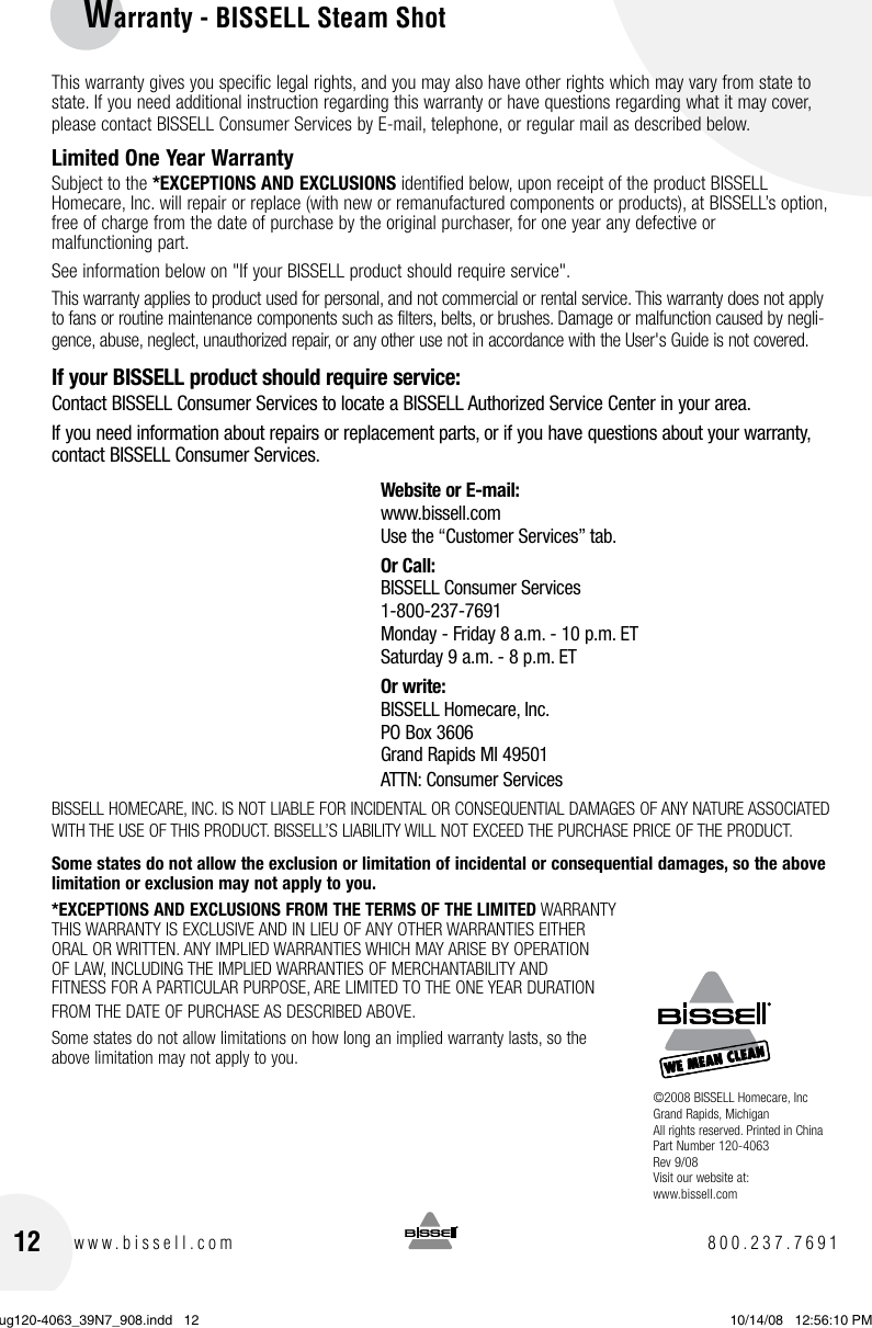 Page 12 of 12 - Bissell Bissell-Steam-Shot-39N7-Users-Manual-  Bissell-steam-shot-39n7-users-manual