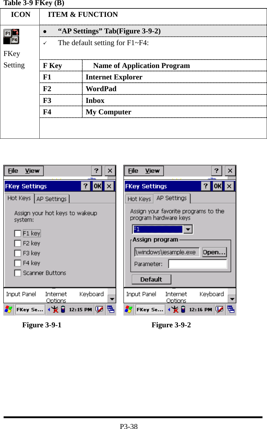 Table 3-9 FKey (B)   ICON   ITEM &amp; FUNCTION   “AP Settings” Tab(Figure 3-9-2)   The default setting for F1~F4:  F Key    Name of Application Program F1 Internet Explorer  F2 WordPad F3 Inbox F4 My Computer  FKey Setting              Figure 3-9-1                        Figure 3-9-2         P3-38 
