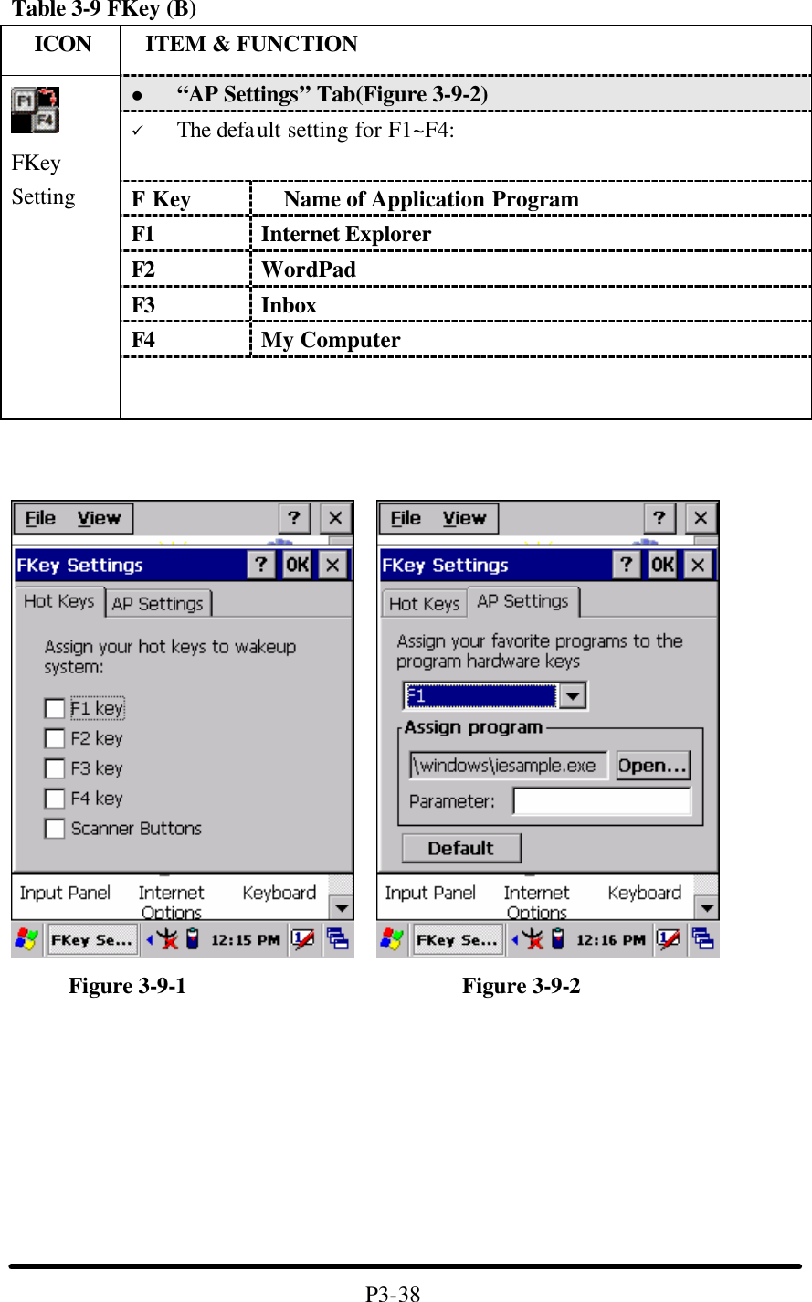 Table 3-9 FKey (B)   ICON  ITEM &amp; FUNCTION l “AP Settings” Tab(Figure 3-9-2) ü The default setting for F1~F4:  F Key   Name of Application Program F1 Internet Explorer   F2 WordPad F3 Inbox F4 My Computer  FKey Setting              Figure 3-9-1                        Figure 3-9-2         P3-38 