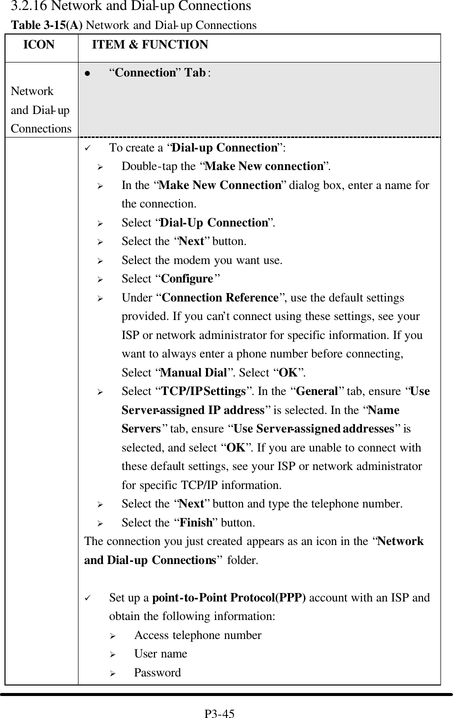 3.2.16 Network and Dial-up Connections Table 3-15(A) Network and Dial-up Connections   ICON  ITEM &amp; FUNCTION  Network and Dial-up Connections l “Connection” Tab :    ü To create a “Dial-up Connection”: Ø Double-tap the “Make New connection”. Ø In the “Make New Connection” dialog box, enter a name for the connection. Ø Select “Dial-Up Connection”. Ø Select the “Next” button. Ø Select the modem you want use. Ø Select “Configure” Ø Under “Connection Reference”, use the default settings provided. If you can’t connect using these settings, see your ISP or network administrator for specific information. If you want to always enter a phone number before connecting, Select “Manual Dial”. Select “OK”. Ø Select “TCP/IP Settings”. In the “General” tab, ensure “Use Server-assigned IP address” is selected. In the “Name Servers” tab, ensure “Use Server-assigned addresses” is selected, and select “OK”. If you are unable to connect with these default settings, see your ISP or network administrator for specific TCP/IP information. Ø Select the “Next” button and type the telephone number. Ø Select the “Finish” button. The connection you just created appears as an icon in the “Network and Dial-up Connections” folder.    ü Set up a point-to-Point Protocol(PPP) account with an ISP and obtain the following information: Ø Access telephone number Ø User name Ø Password  P3-45 