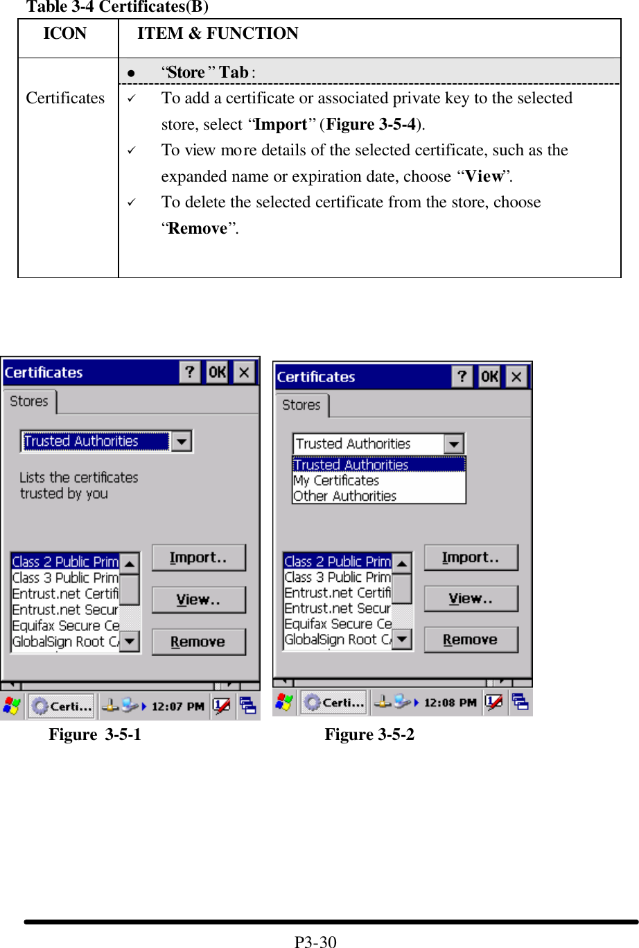  Table 3-4 Certificates(B)     ICON  ITEM &amp; FUNCTION l “Store ” Tab :    Certificates ü To add a certificate or associated private key to the selected store, select “Import” (Figure 3-5-4). ü To view more details of the selected certificate, such as the expanded name or expiration date, choose “View”. ü To delete the selected certificate from the store, choose “Remove”.        Figure 3-5-1                     Figure 3-5-2        P3-30 