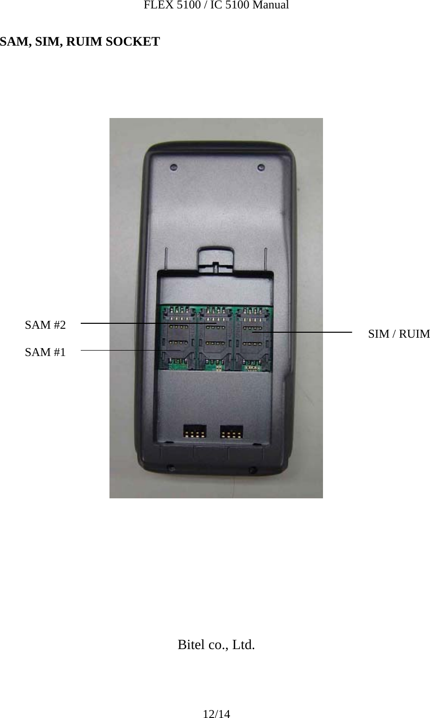 FLEX 5100 / IC 5100 Manual 12/14 SAM, SIM, RUIM SOCKET                                                            Bitel co., Ltd.   SAM #1 SAM #2  SIM / RUIM 