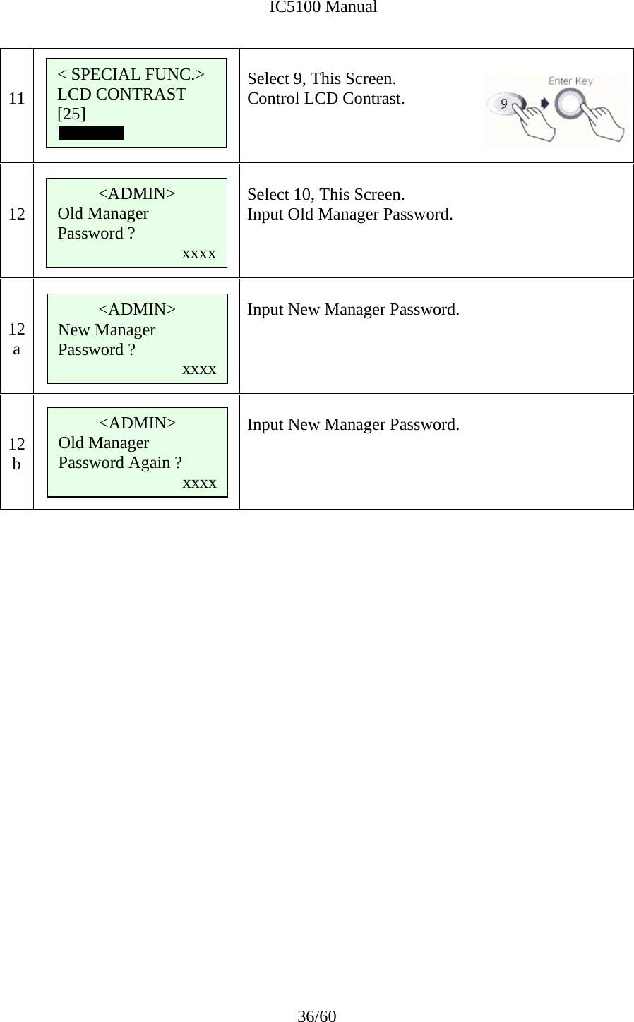              IC5100 Manual 36/60   11       Select 9, This Screen. Control LCD Contrast.    12       Select 10, This Screen. Input Old Manager Password.    12 a       Input New Manager Password.    12 b       Input New Manager Password.                         &lt; SPECIAL FUNC.&gt; LCD CONTRAST [25]  &lt;ADMIN&gt; Old Manager Password ?  xxxx &lt;ADMIN&gt; New Manager Password ?  xxxx &lt;ADMIN&gt; Old Manager Password Again ? xxxx 