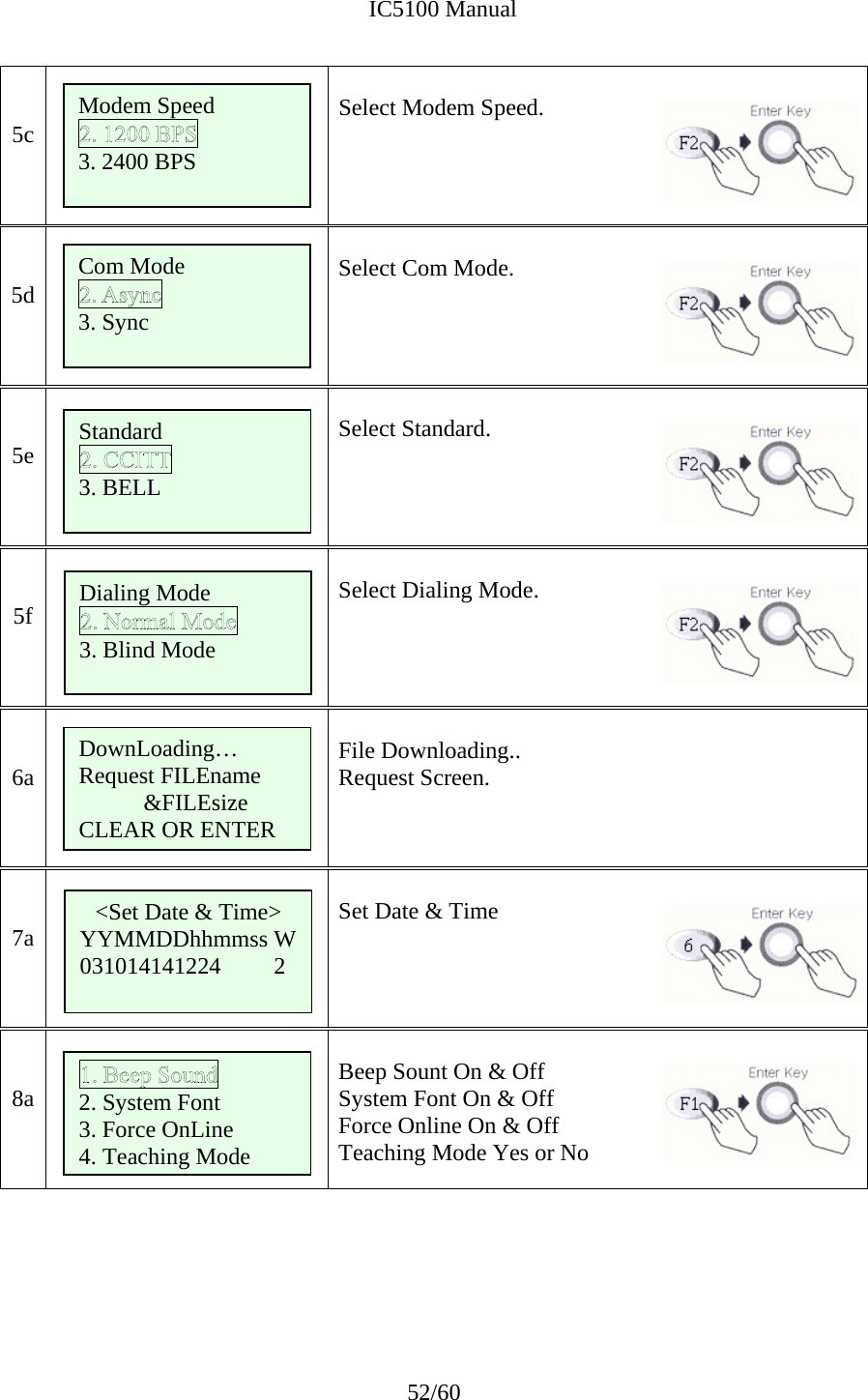              IC5100 Manual 52/60   5c   Select Modem Speed.     5d   Select Com Mode.     5e   Select Standard.     5f   Select Dialing Mode.     6a   File Downloading.. Request Screen.     7a   Set Date &amp; Time     8a   Beep Sount On &amp; Off System Font On &amp; Off Force Online On &amp; Off Teaching Mode Yes or No      Modem Speed  3. 2400 BPS  Com Mode  3. Sync Standard   3. BELL Dialing Mode   3. Blind Mode DownLoading… Request FILEname            &amp;FILEsize CLEAR OR ENTER &lt;Set Date &amp; Time&gt; YYMMDDhhmmss W 031014141224         2  2. System Font 3. Force OnLine 4. Teaching Mode 