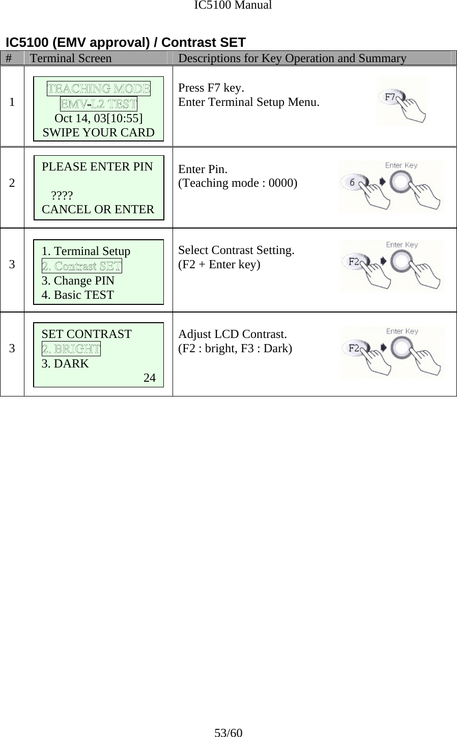              IC5100 Manual 53/60 IC5100 (EMV approval) / Contrast SET #  Terminal Screen  Descriptions for Key Operation and Summary   1       Press F7 key. Enter Terminal Setup Menu.   2    Enter Pin. (Teaching mode : 0000)   3   Select Contrast Setting. (F2 + Enter key)     3   Adjust LCD Contrast. (F2 : bright, F3 : Dark)                         Oct 14, 03[10:55] SWIPE YOUR CARD 1. Terminal Setup  3. Change PIN 4. Basic TEST PLEASE ENTER PIN  ???? CANCEL OR ENTER SET CONTRAST  3. DARK            24 