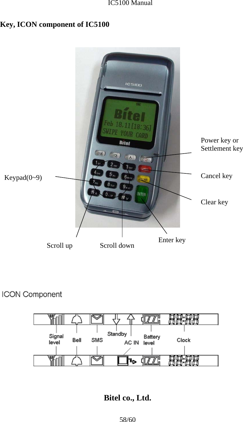              IC5100 Manual 58/60 Key, ICON component of IC5100             Bitel co., Ltd. Keypad(0~9) Scroll up   Scroll down   Enter key  Power key or  Settlement key   Cancel keyClear key 