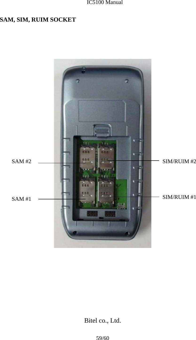              IC5100 Manual 59/60 SAM, SIM, RUIM SOCKET                                                            Bitel co., Ltd. SAM #1 SAM #2  SIM/RUIM #2 SIM/RUIM #1 