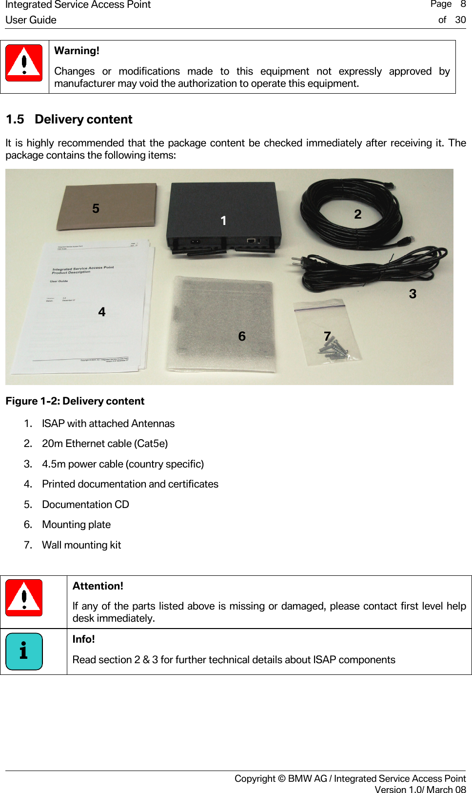 Integrated Service Access Point  Page    8User Guide of    30     Copyright &copy; BMW AG / Integrated Service Access PointVersion 1.0/ March 08  Warning! Changes or modifications made to this equipment not expressly approved by manufacturer may void the authorization to operate this equipment. 1.5 Delivery content It is highly recommended that the package content be checked immediately after receiving it. The package contains the following items:   Figure 1-2: Delivery content 1. ISAP with attached Antennas  2. 20m Ethernet cable (Cat5e) 3. 4.5m power cable (country specific) 4. Printed documentation and certificates 5. Documentation CD 6. Mounting plate  7. Wall mounting kit   Attention!  If any of the parts listed above is missing or damaged, please contact first level help desk immediately.  Info!  Read section 2 &amp; 3 for further technical details about ISAP components  i5 4 2 3 6 7 1 