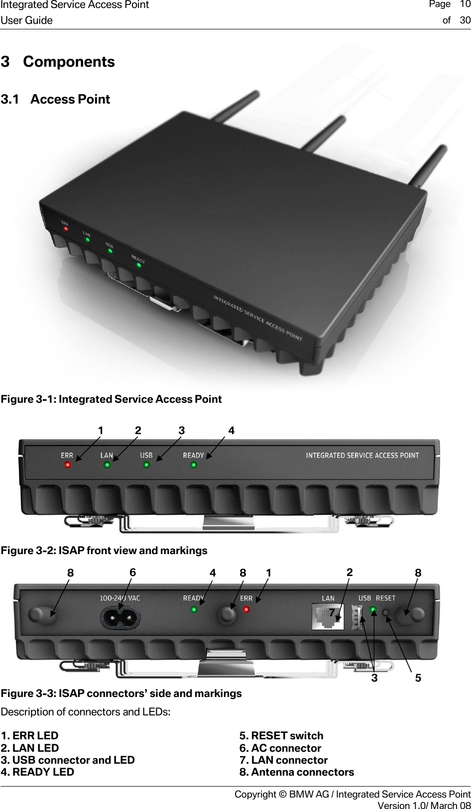 Integrated Service Access Point  Page    10User Guide of    30     Copyright &copy; BMW AG / Integrated Service Access PointVersion 1.0/ March 08 3 Components 3.1 Access Point              Figure 3-1: Integrated Service Access Point   Figure 3-2: ISAP front view and markings   Figure 3-3: ISAP connectors&rsquo; side and markings Description of connectors and LEDs:  1. ERR LED  5. RESET switch 2. LAN LED 6. AC connector 3. USB connector and LED 7. LAN connector 4. READY LED 8. Antenna connectors 4 3 1  2 6 8  4  8  1 7 2 3  5 8 
