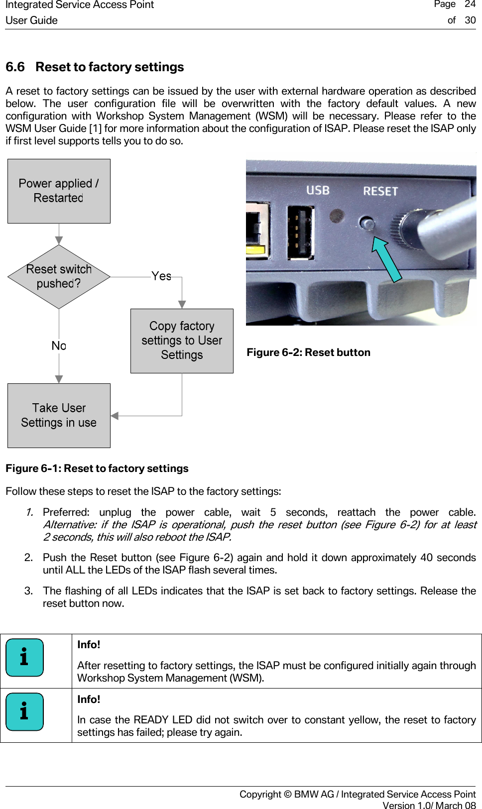 Integrated Service Access Point  Page    24User Guide of    30     Copyright &copy; BMW AG / Integrated Service Access PointVersion 1.0/ March 08 6.6 Reset to factory settings A reset to factory settings can be issued by the user with external hardware operation as described below. The user configuration file will be overwritten with the factory default values. A new configuration with Workshop System Management (WSM) will be necessary. Please refer to the WSM User Guide [1] for more information about the configuration of ISAP. Please reset the ISAP only if first level supports tells you to do so.   Figure 6-1: Reset to factory settings   Figure 6-2: Reset button Follow these steps to reset the ISAP to the factory settings: 1. Preferred: unplug the power cable, wait 5 seconds, reattach the power cable. Alternative: if the ISAP is operational, push the reset button (see Figure 6-2) for at least 2 seconds, this will also reboot the ISAP. 2. Push the Reset button (see Figure 6-2) again and hold it down approximately 40 seconds until ALL the LEDs of the ISAP flash several times. 3. The flashing of all LEDs indicates that the ISAP is set back to factory settings. Release the reset button now.   Info!  After resetting to factory settings, the ISAP must be configured initially again through Workshop System Management (WSM).  Info!  In case the READY LED did not switch over to constant yellow, the reset to factory settings has failed; please try again.  ii