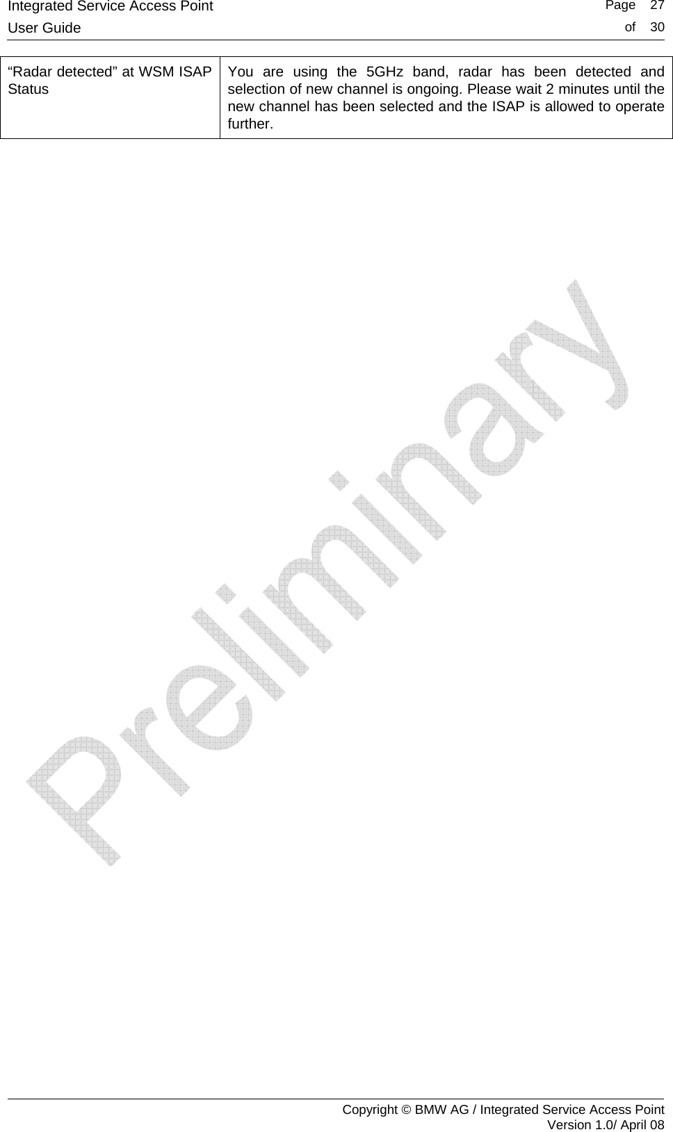 Integrated Service Access Point   Page    27User Guide  of    30     Copyright &copy; BMW AG / Integrated Service Access Point Version 1.0/ April 08 &ldquo;Radar detected&rdquo; at WSM ISAP Status  You are using the 5GHz band, radar has been detected and selection of new channel is ongoing. Please wait 2 minutes until the new channel has been selected and the ISAP is allowed to operate further. 
