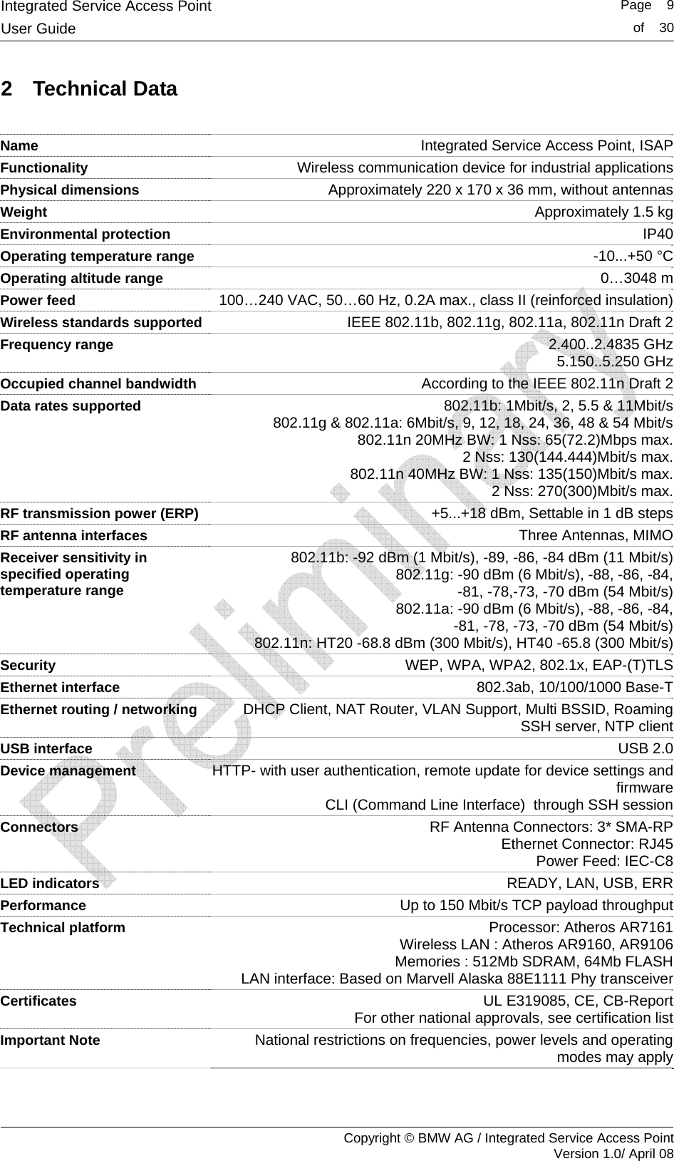 Integrated Service Access Point   Page    9User Guide  of    30     Copyright &copy; BMW AG / Integrated Service Access Point Version 1.0/ April 08 2 Technical Data  Name Integrated Service Access Point, ISAPFunctionality Wireless communication device for industrial applicationsPhysical dimensions  Approximately 220 x 170 x 36 mm, without antennasWeight  Approximately 1.5 kgEnvironmental protection  IP40Operating temperature range -10...+50 &deg;C Operating altitude range  0&hellip;3048 mPower feed  100&hellip;240 VAC, 50&hellip;60 Hz, 0.2A max., class II (reinforced insulation)Wireless standards supported  IEEE 802.11b, 802.11g, 802.11a, 802.11n Draft 2Frequency range  2.400..2.4835 GHz5.150..5.250 GHzOccupied channel bandwidth  According to the IEEE 802.11n Draft 2Data rates supported  802.11b: 1Mbit/s, 2, 5.5 &amp; 11Mbit/s802.11g &amp; 802.11a: 6Mbit/s, 9, 12, 18, 24, 36, 48 &amp; 54 Mbit/s802.11n 20MHz BW: 1 Nss: 65(72.2)Mbps max. 2 Nss: 130(144.444)Mbit/s max.802.11n 40MHz BW: 1 Nss: 135(150)Mbit/s max. 2 Nss: 270(300)Mbit/s max.RF transmission power (ERP)  +5...+18 dBm, Settable in 1 dB stepsRF antenna interfaces   Three Antennas, MIMOReceiver sensitivity in specified operating temperature range 802.11b: -92 dBm (1 Mbit/s), -89, -86, -84 dBm (11 Mbit/s)802.11g: -90 dBm (6 Mbit/s), -88, -86, -84, -81, -78,-73, -70 dBm (54 Mbit/s)802.11a: -90 dBm (6 Mbit/s), -88, -86, -84, -81, -78, -73, -70 dBm (54 Mbit/s)802.11n: HT20 -68.8 dBm (300 Mbit/s), HT40 -65.8 (300 Mbit/s) Security  WEP, WPA, WPA2, 802.1x, EAP-(T)TLSEthernet interface  802.3ab, 10/100/1000 Base-TEthernet routing / networking  DHCP Client, NAT Router, VLAN Support, Multi BSSID, RoamingSSH server, NTP clientUSB interface  USB 2.0Device management  HTTP- with user authentication, remote update for device settings and firmwareCLI (Command Line Interface)  through SSH session Connectors  RF Antenna Connectors: 3* SMA-RPEthernet Connector: RJ45Power Feed: IEC-C8LED indicators  READY, LAN, USB, ERRPerformance  Up to 150 Mbit/s TCP payload throughput Technical platform  Processor: Atheros AR7161Wireless LAN : Atheros AR9160, AR9106Memories : 512Mb SDRAM, 64Mb FLASHLAN interface: Based on Marvell Alaska 88E1111 Phy transceiverCertificates  UL E319085, CE, CB-ReportFor other national approvals, see certification list Important Note  National restrictions on frequencies, power levels and operatingmodes may apply 