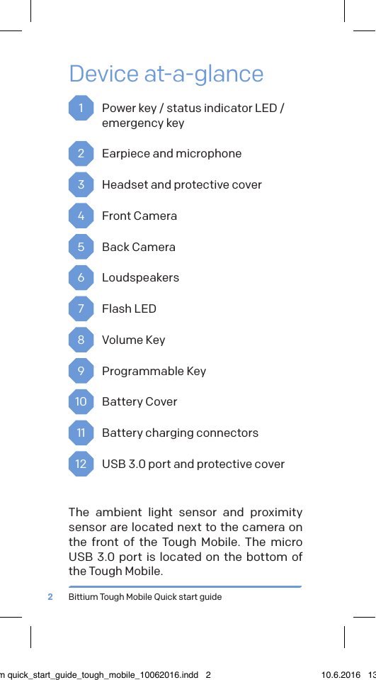 Bittium Tough Mobile Quick start guide2Device at-a-glance1  Power key / status indicator LED / emergency key2  Earpiece and microphone3  Headset and protective cover4  Front Camera5  Back Camera 6 Loudspeakers7  Flash LED8  Volume Key9  Programmable Key10   Battery Cover11   Battery charging connectors12   USB 3.0 port and protective coverThe ambient light sensor and proximity sensor are located next to the camera on the front of the Tough Mobile. The micro USB 3.0 port is located on the bottom of   the Tough Mobile.bittium quick_start_guide_tough_mobile_10062016.indd   2 10.6.2016   13.50
