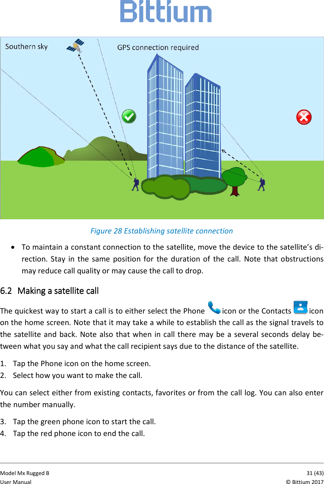            Model Mx Rugged B       31 (43)User Manual  &copy; Bittium 2017  Figure 28 Establishing satellite connection &bull; To maintain a constant connection to the satellite, move the device to the satellite&rsquo;s di-rection.  Stay  in  the  same  position  for  the  duration  of  the  call.  Note  that obstructions may reduce call quality or may cause the call to drop. 6.26.26.26.2 Making a satellite callMaking a satellite callMaking a satellite callMaking a satellite call    The quickest way to start a call is to either select the Phone   icon or the Contacts   icon on the home screen. Note that it may take a while to establish the call as the signal travels to the satellite and back. Note also that when in call there  may be a several seconds  delay  be-tween what you say and what the call recipient says due to the distance of the satellite. 1. Tap the Phone icon on the home screen. 2. Select how you want to make the call. You can select either from existing contacts, favorites or from the call log. You can also enter the number manually.  3. Tap the green phone icon to start the call. 4. Tap the red phone icon to end the call. 