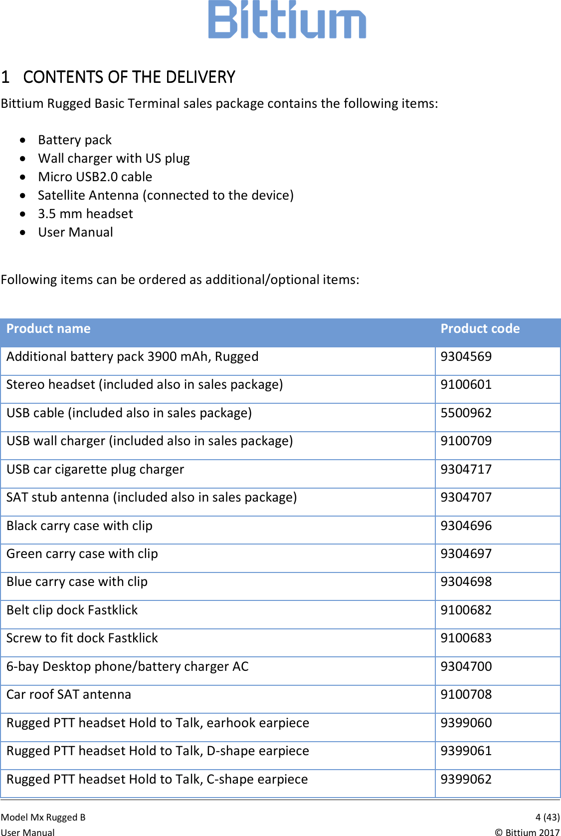           Model Mx Rugged B       4 (43)User Manual  &copy; Bittium 2017 1111 CONTENTS OF THE DELICONTENTS OF THE DELICONTENTS OF THE DELICONTENTS OF THE DELIVERYVERYVERYVERY    Bittium Rugged Basic Terminal sales package contains the following items:  &bull; Battery pack &bull; Wall charger with US plug &bull; Micro USB2.0 cable &bull; Satellite Antenna (connected to the device) &bull; 3.5 mm headset &bull; User Manual  Following items can be ordered as additional/optional items:  Product name Product code Additional battery pack 3900 mAh, Rugged 9304569 Stereo headset (included also in sales package) 9100601 USB cable (included also in sales package) 5500962 USB wall charger (included also in sales package) 9100709 USB car cigarette plug charger 9304717 SAT stub antenna (included also in sales package) 9304707 Black carry case with clip 9304696 Green carry case with clip 9304697 Blue carry case with clip 9304698 Belt clip dock Fastklick 9100682 Screw to fit dock Fastklick 9100683 6-bay Desktop phone/battery charger AC 9304700 Car roof SAT antenna 9100708 Rugged PTT headset Hold to Talk, earhook earpiece 9399060 Rugged PTT headset Hold to Talk, D-shape earpiece 9399061 Rugged PTT headset Hold to Talk, C-shape earpiece 9399062 