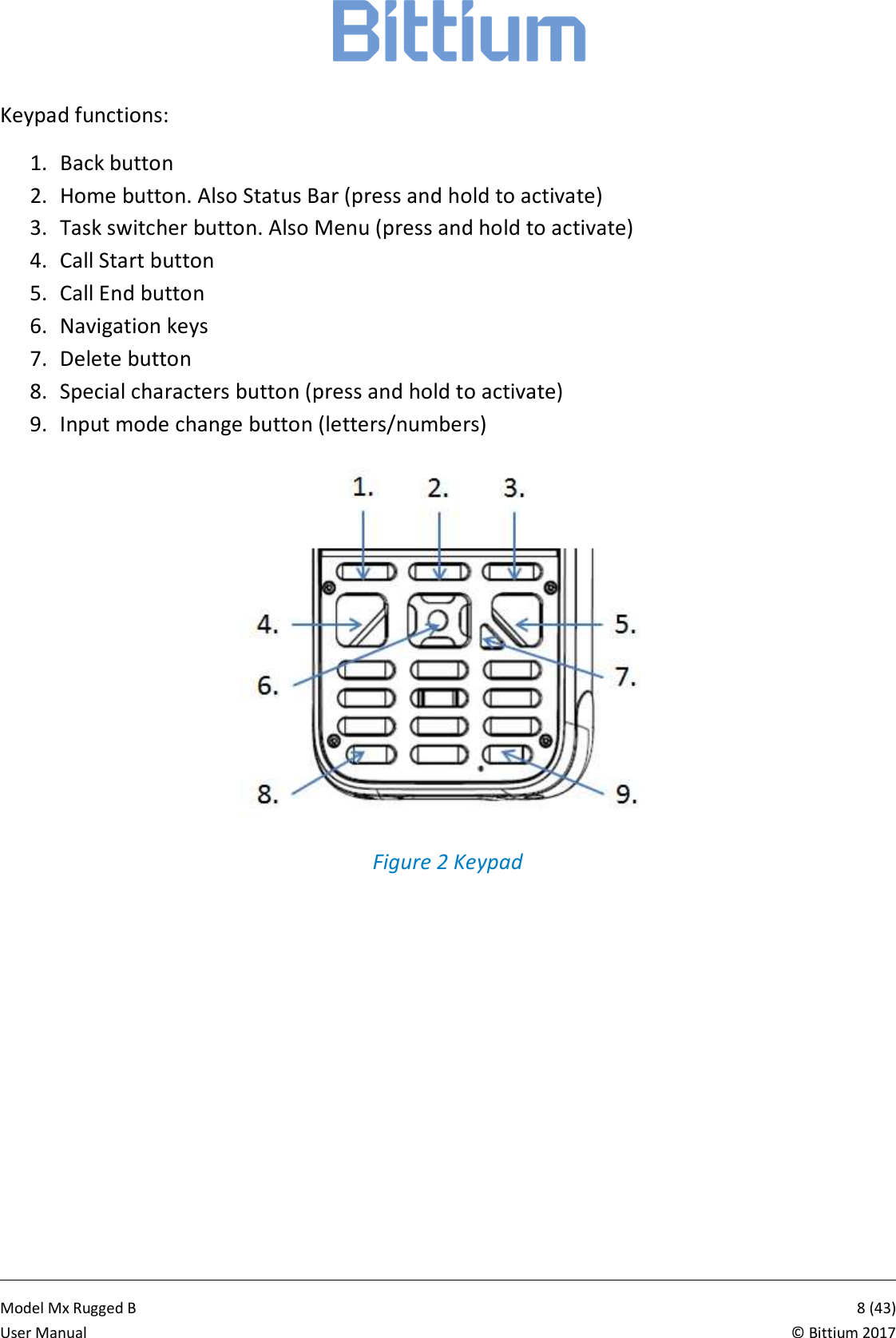            Model Mx Rugged B       8 (43)User Manual  &copy; Bittium 2017 Keypad functions: 1. Back button 2. Home button. Also Status Bar (press and hold to activate) 3. Task switcher button. Also Menu (press and hold to activate) 4. Call Start button 5. Call End button 6. Navigation keys 7. Delete button 8. Special characters button (press and hold to activate) 9. Input mode change button (letters/numbers)  Figure 2 Keypad 