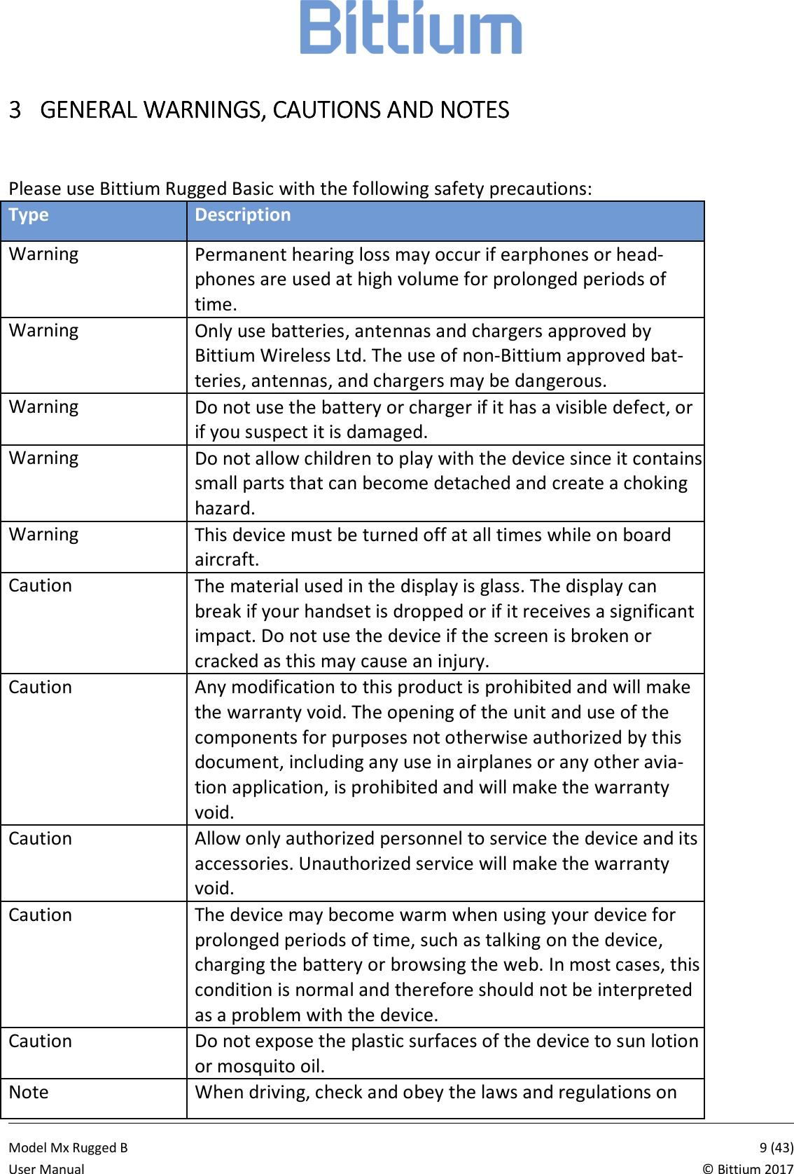            Model Mx Rugged B       9 (43)User Manual  &copy; Bittium 2017 3333 GENERAL GENERAL GENERAL GENERAL WARNINGS, CAUTIONS AWARNINGS, CAUTIONS AWARNINGS, CAUTIONS AWARNINGS, CAUTIONS AND NOTESND NOTESND NOTESND NOTES     Please use Bittium Rugged Basic with the following safety precautions: Type Description Warning Permanent hearing loss may occur if earphones or head-phones are used at high volume for prolonged periods of time. Warning Only use batteries, antennas and chargers approved by Bittium Wireless Ltd. The use of non-Bittium approved bat-teries, antennas, and chargers may be dangerous. Warning Do not use the battery or charger if it has a visible defect, or if you suspect it is damaged. Warning Do not allow children to play with the device since it contains small parts that can become detached and create a choking hazard. Warning This device must be turned off at all times while on board aircraft. Caution The material used in the display is glass. The display can break if your handset is dropped or if it receives a significant impact. Do not use the device if the screen is broken or cracked as this may cause an injury. Caution Any modification to this product is prohibited and will make the warranty void. The opening of the unit and use of the components for purposes not otherwise authorized by this document, including any use in airplanes or any other avia-tion application, is prohibited and will make the warranty void. Caution Allow only authorized personnel to service the device and its accessories. Unauthorized service will make the warranty void. Caution The device may become warm when using your device for prolonged periods of time, such as talking on the device, charging the battery or browsing the web. In most cases, this condition is normal and therefore should not be interpreted as a problem with the device. Caution Do not expose the plastic surfaces of the device to sun lotion or mosquito oil.  Note When driving, check and obey the laws and regulations on 