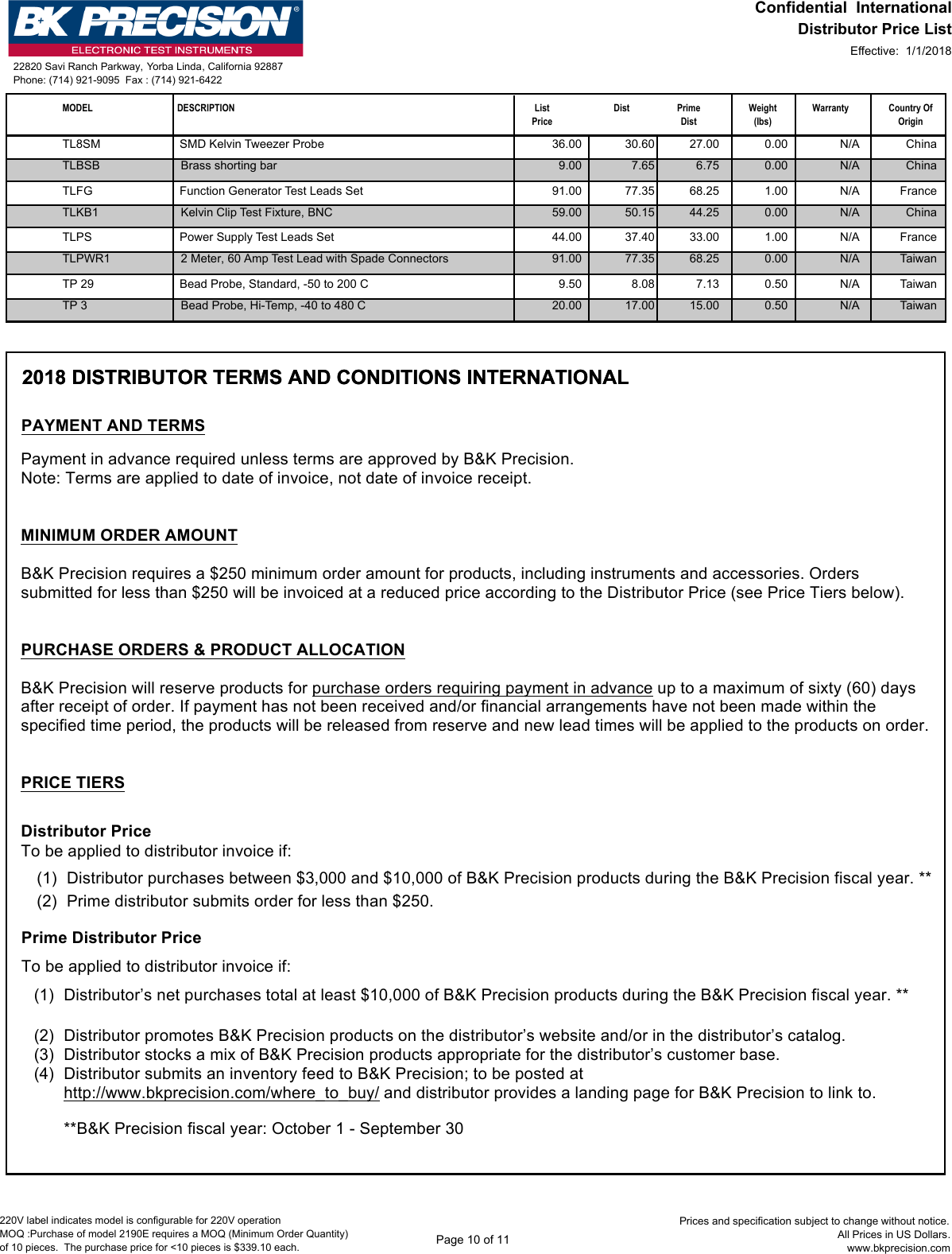 Page 10 of 11 - Bk B&K Precision 2018 Distributor Price Sheet Intl V010118 User Manual