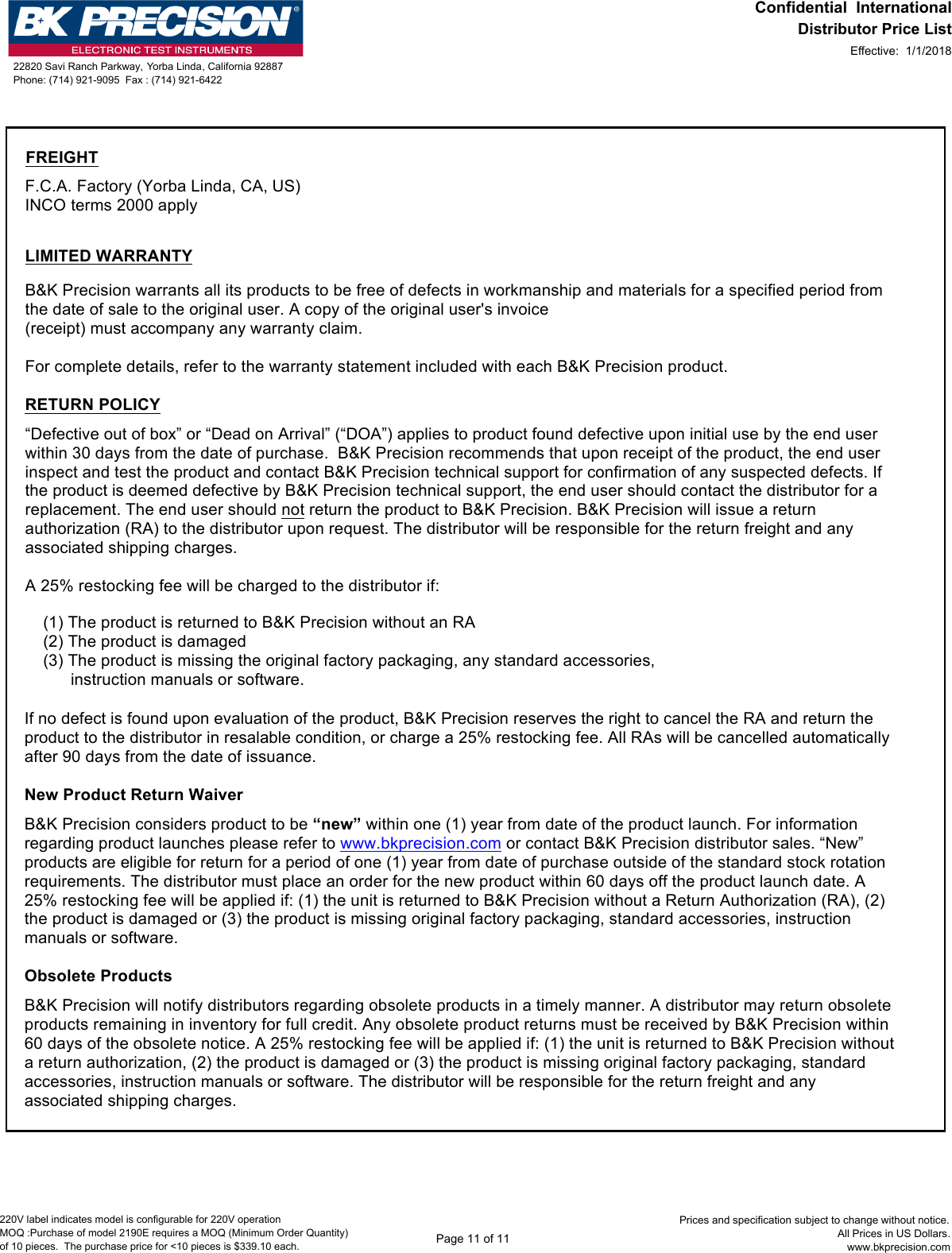 Page 11 of 11 - Bk B&K Precision 2018 Distributor Price Sheet Intl V010118 User Manual