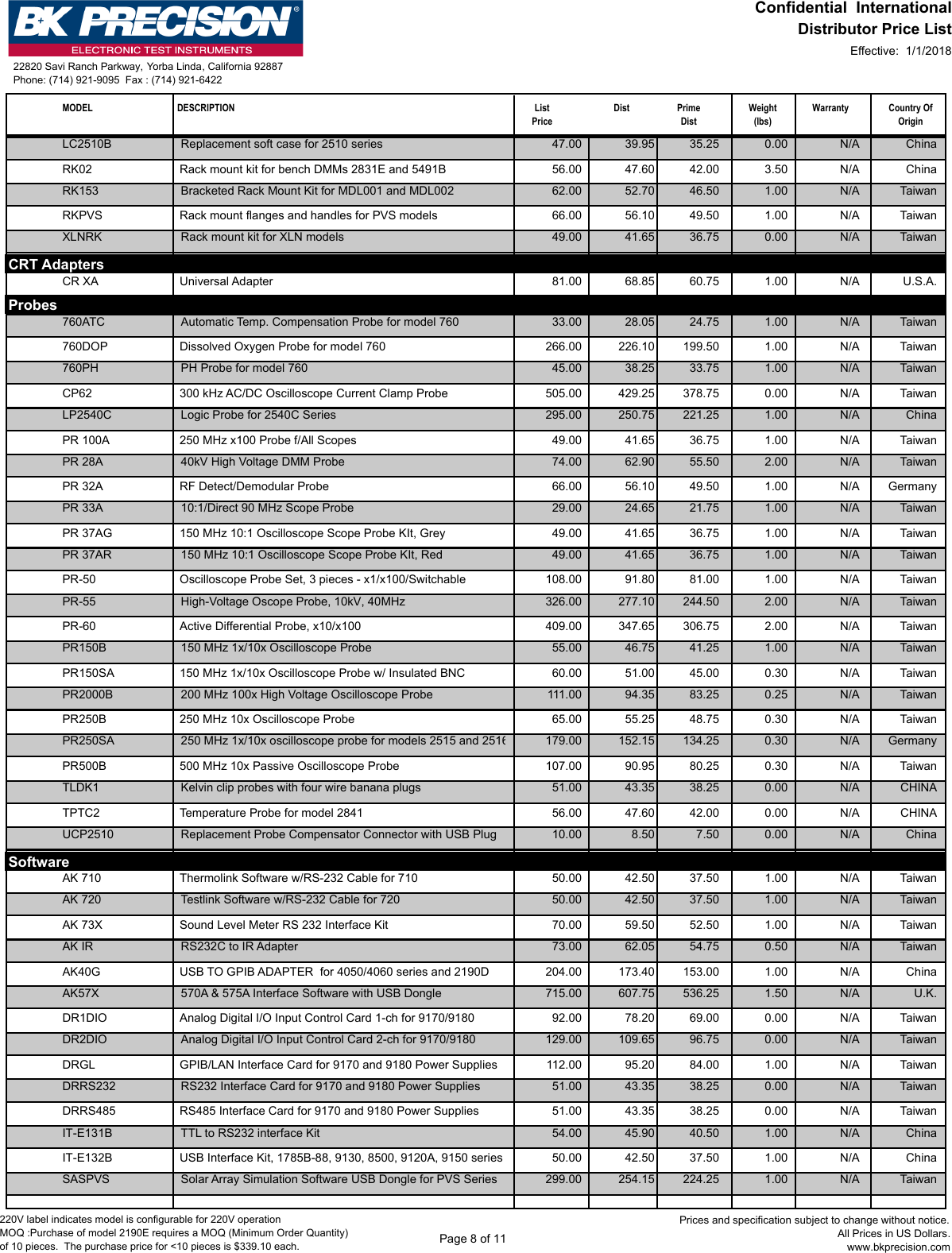 Page 8 of 11 - Bk B&K Precision 2018 Distributor Price Sheet Intl V010118 User Manual