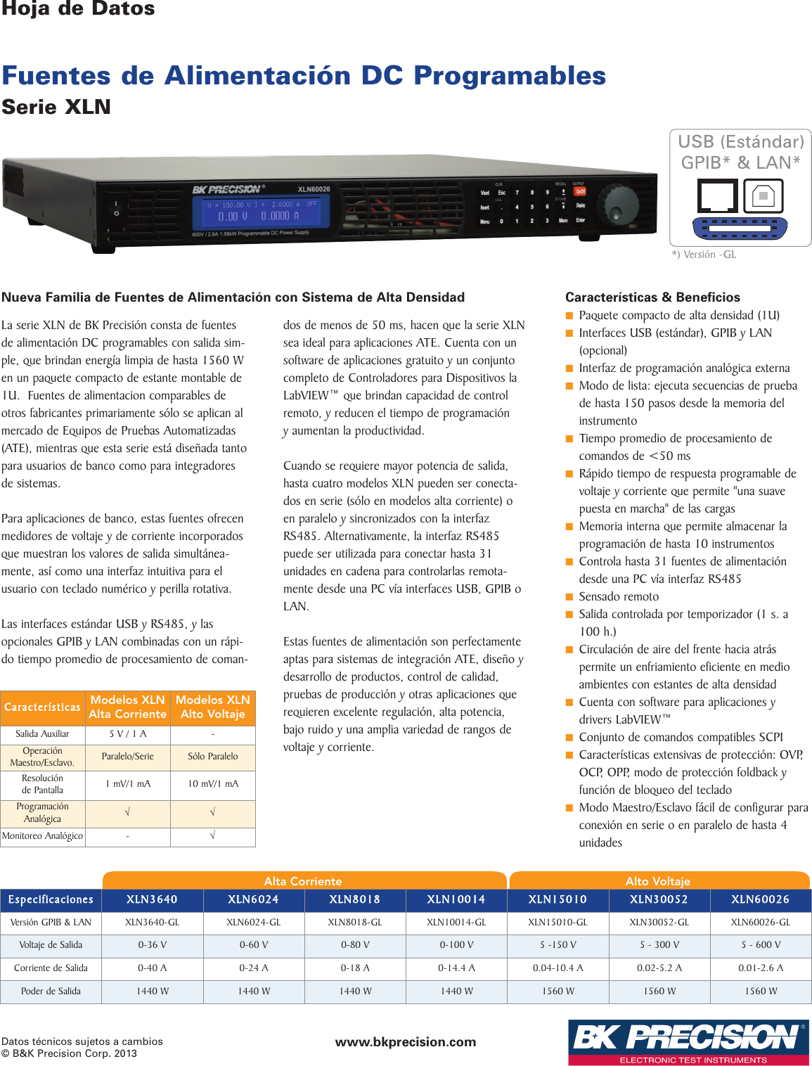 Page 1 of 5 - XLN3640, XLN6024, XLN8018 And XLN10014, XLN15010, XLN30052, XL6 XLN Hoja De Datos