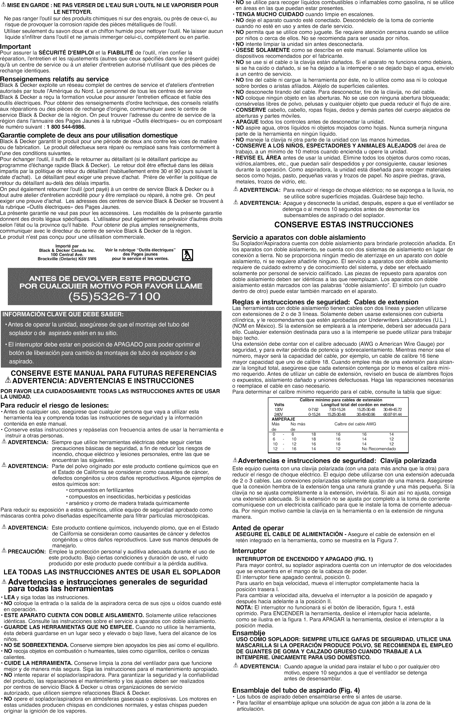 Page 4 of 5 - Black & Decker BV4000 TYPE 1 User Manual  BLOWER - Manuals And Guides 1401491L