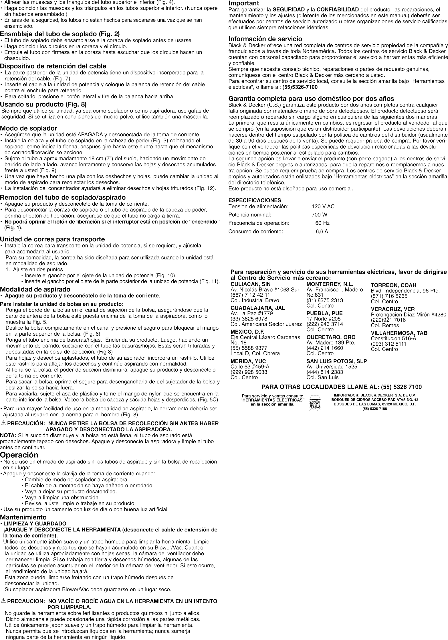 Page 5 of 5 - Black & Decker BV4000 TYPE 1 User Manual  BLOWER - Manuals And Guides 1401491L