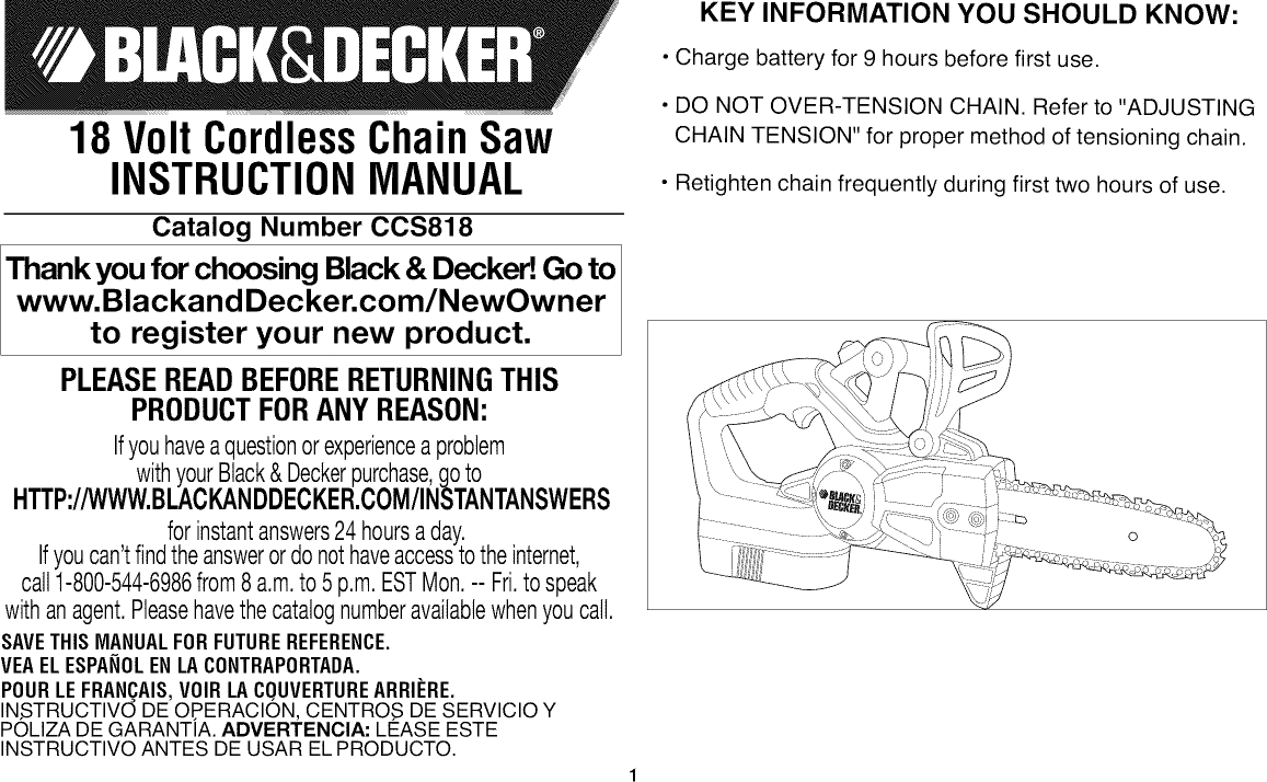 Black & Decker CCS818 TYPE 1 User Manual CORDLESS CHAIN SAW Manuals And ...