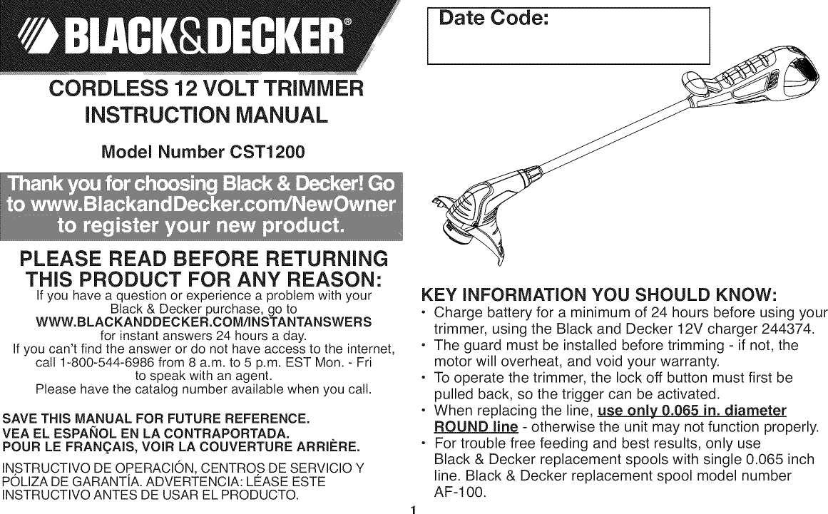 Black Decker CST1200 TYPE 2 User Manual TRIMMER Manuals And