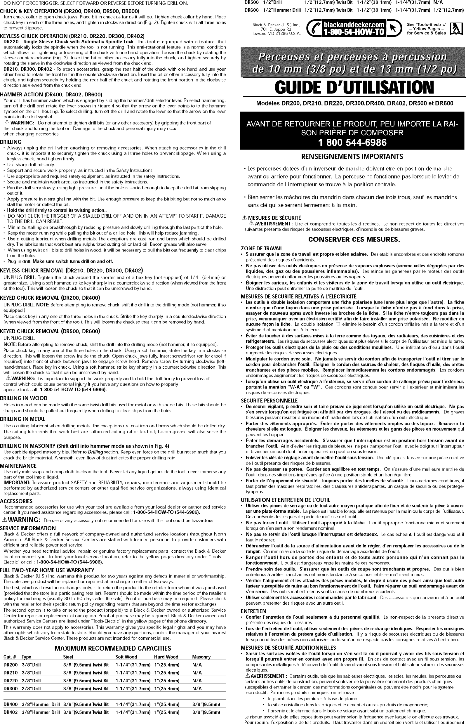 Black & Decker DR600 TYPE 1 User Manual DRILL HAMMER Manuals And Guides