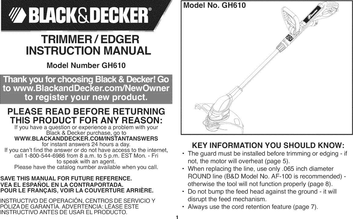 Black & Decker GH610 TYPE 1 User Manual TRIMMER Manuals And Guides 1403108L